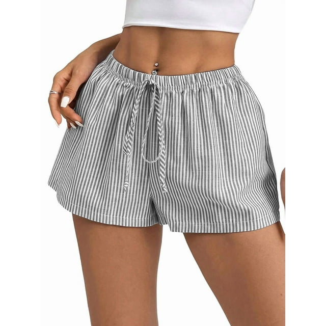Women'S Striped Print Drawstring Elastic Waist Shorts Casual Wide Leg Low Rise Summer Boxer Shorts Black S