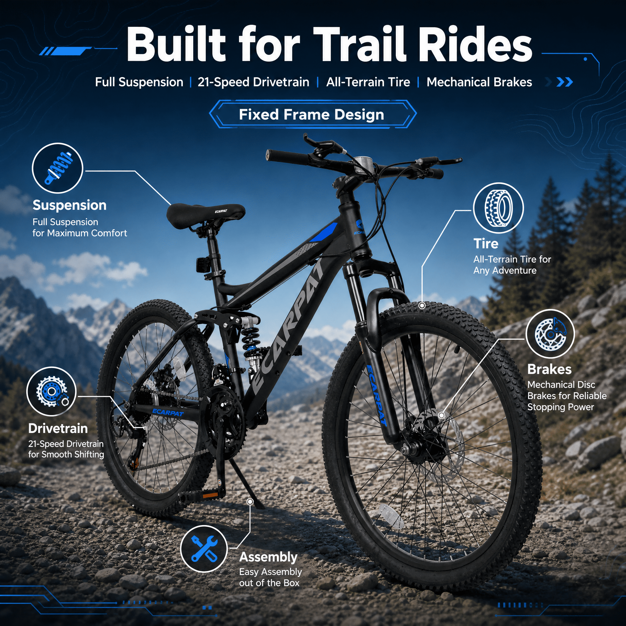 FUPOJH 26" Full Suspension Mountain Bike,21-Speed,Disc Brakes,250lb,Adult Unisex All-Terrain Bike,Black