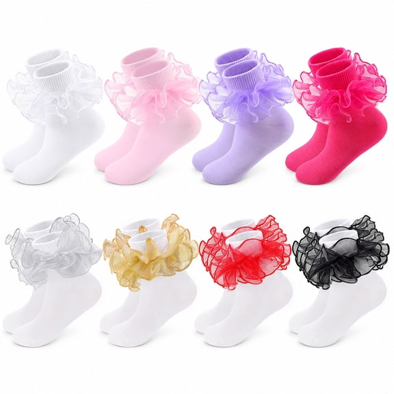 Bocaoying 8 Pairs Ruffle Lace Socks for Toddler Girls – Soft Cotton, 8 Assorted Colors, Ballet, Dance, Birthday Gift 3T-5T
