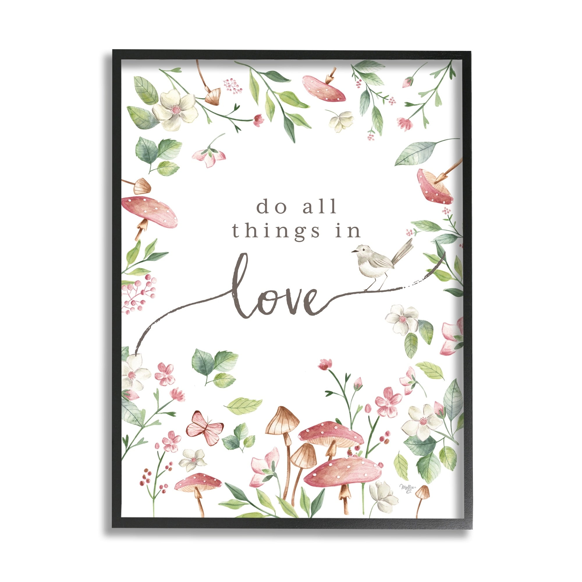 Stupell Industries Do All Things In Love Cottage Mushroom Floral Botanicals Graphic Art White Framed Art Print Wall Art, Design by Mollie B.