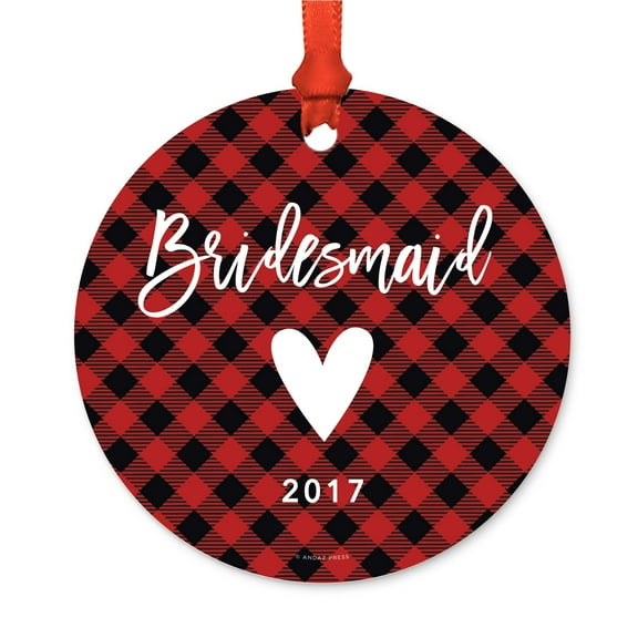 Family Wedding Metal Christmas Ornament, Bridesmaid 2017, Red Plaid, Includes Ribbon and Gift Bag