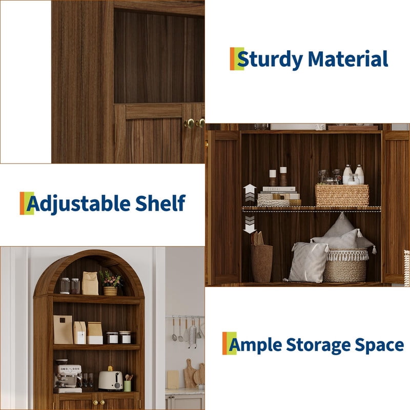 72" Tall Arched Cabinet, 5-Tier Arched Kitchen Pantry Cabinet with Double Doors & Shelves, Modern Display Storage Cabinets Bookshelf for Dining Room, Living Room, Walnut