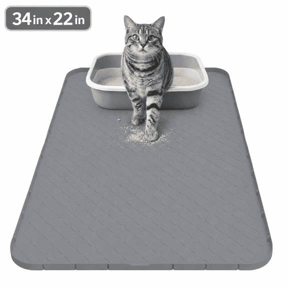 Cat Mat for Litter Box, Large 34" X 22" Cat Litter Mat, Waterproof Silicone Pad for Floor, Gray