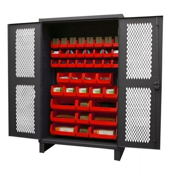 Durham HDCV48-42B-1795 12 Gauge Recessed Door Style Lockable Ventilated Cabinet with 42 Red Hook on Bins, Gray - 48 in.