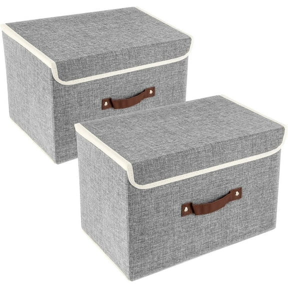2 Pack Collapsible Storage Bins with Lids, Linen Fabric Storage Box with PU Leather Handles, Decorative Foldable Closet Organizer Container