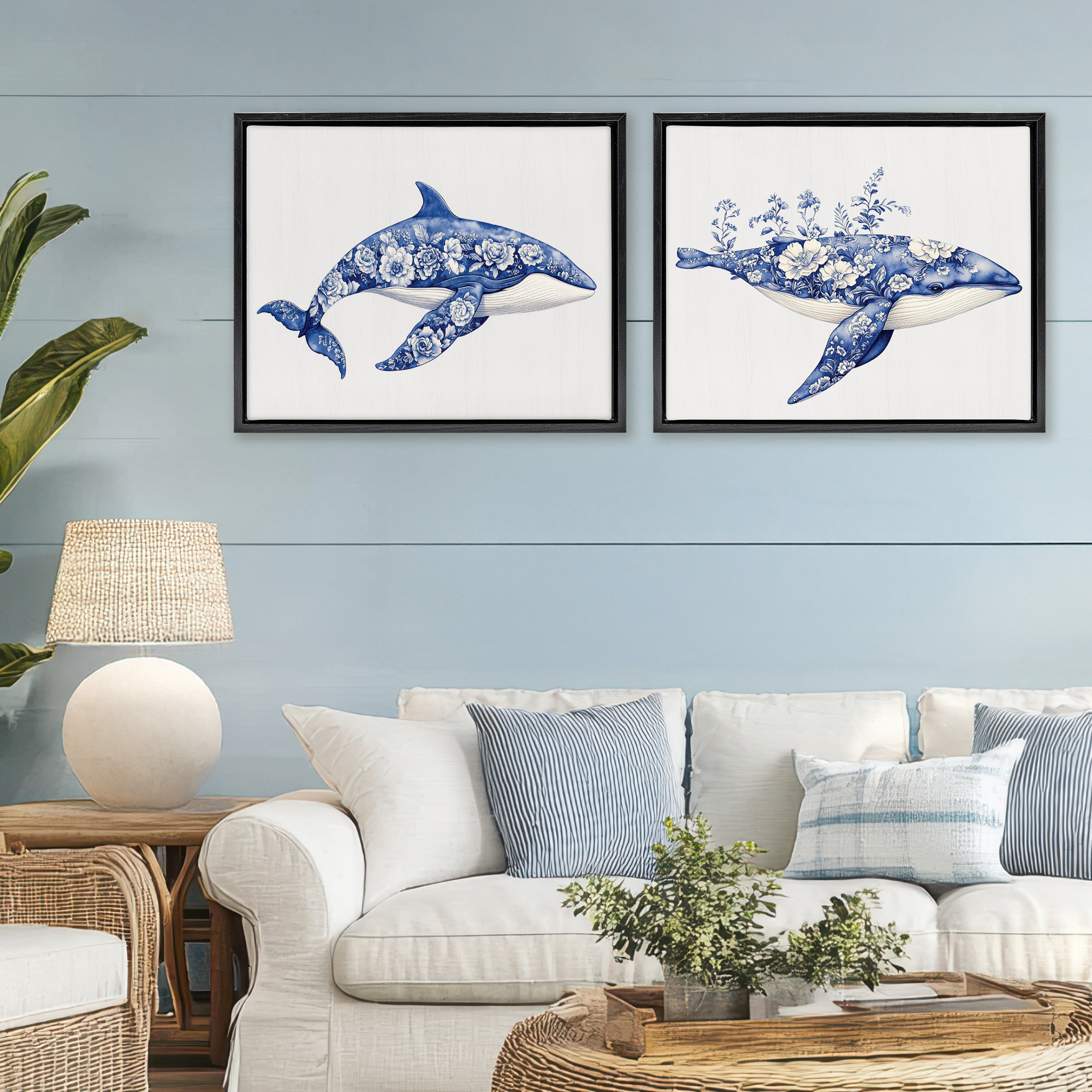 Blooming Toile Pattern Whales 2 Piece Black Framed Floater Canvas Set, design by Lettered and Lined