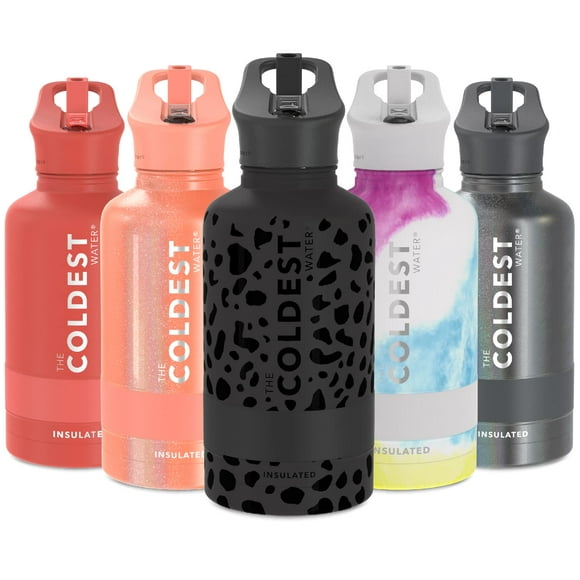 Coldest Sports Water Bottle - 64 oz(Straw Lid), Leak Proof, Vacuum Insulated Stainless Steel, Hot Cold, Double Walled, Thermo Mug, Metal Canteen (64 oz, Black Leopard)