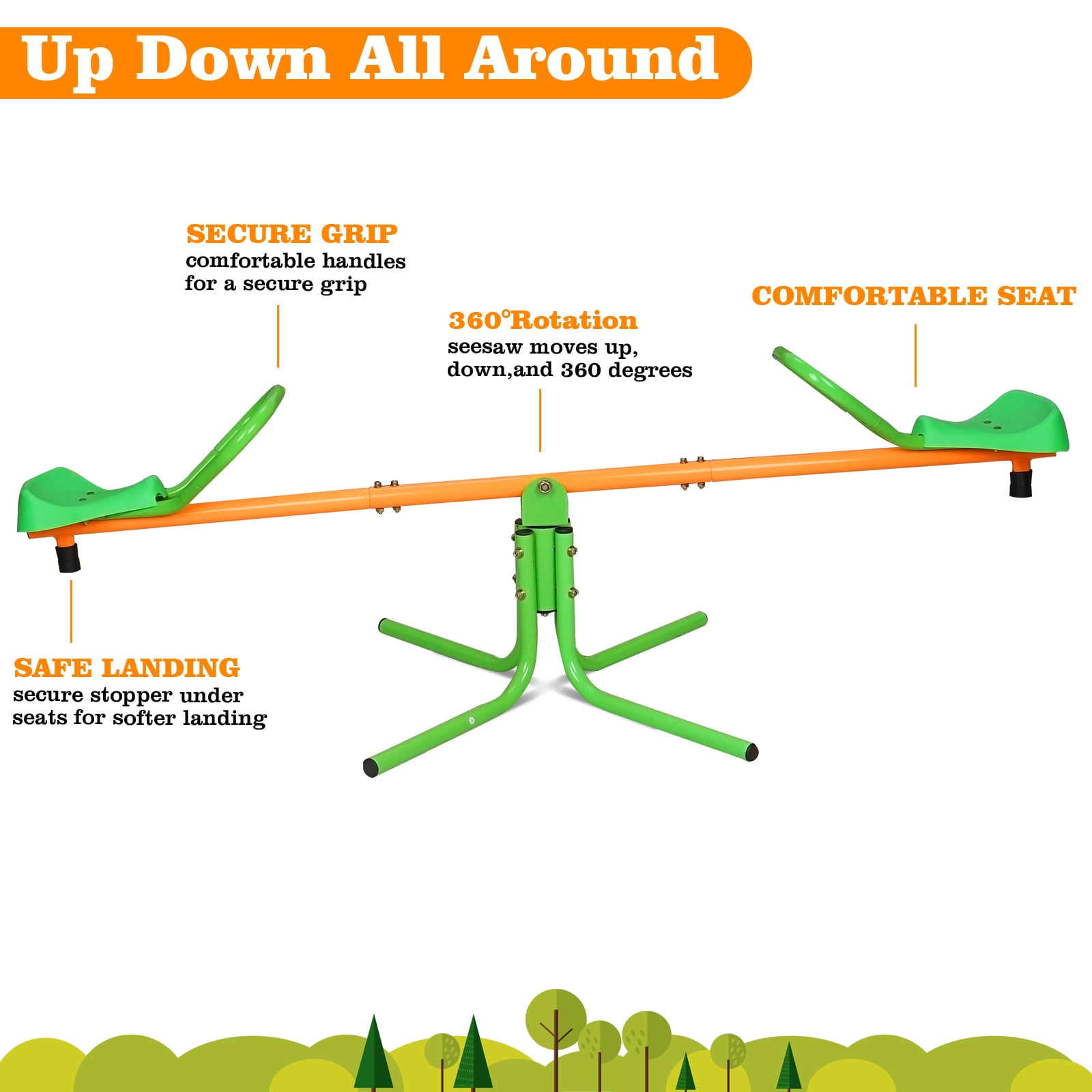 360 Degree Rotation Outdoor Kids Spinning Seesaw, Swivel Teeter Totter Playground Equipment with Comfortable Seats & Handles, Green Backyard Sit and Spin Toy for Ages 3-8