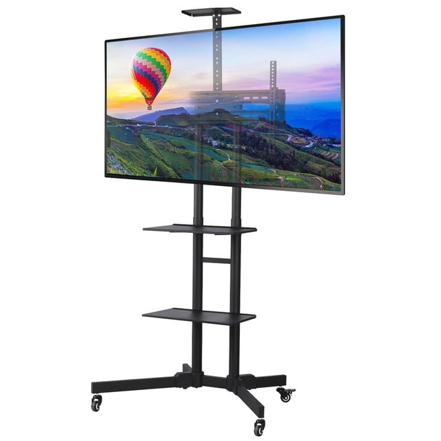 Yaheetech Meuble Télé Mobile Ajustable avec Roues Verrouillables et 2 Tablettes de Rangement, Noir