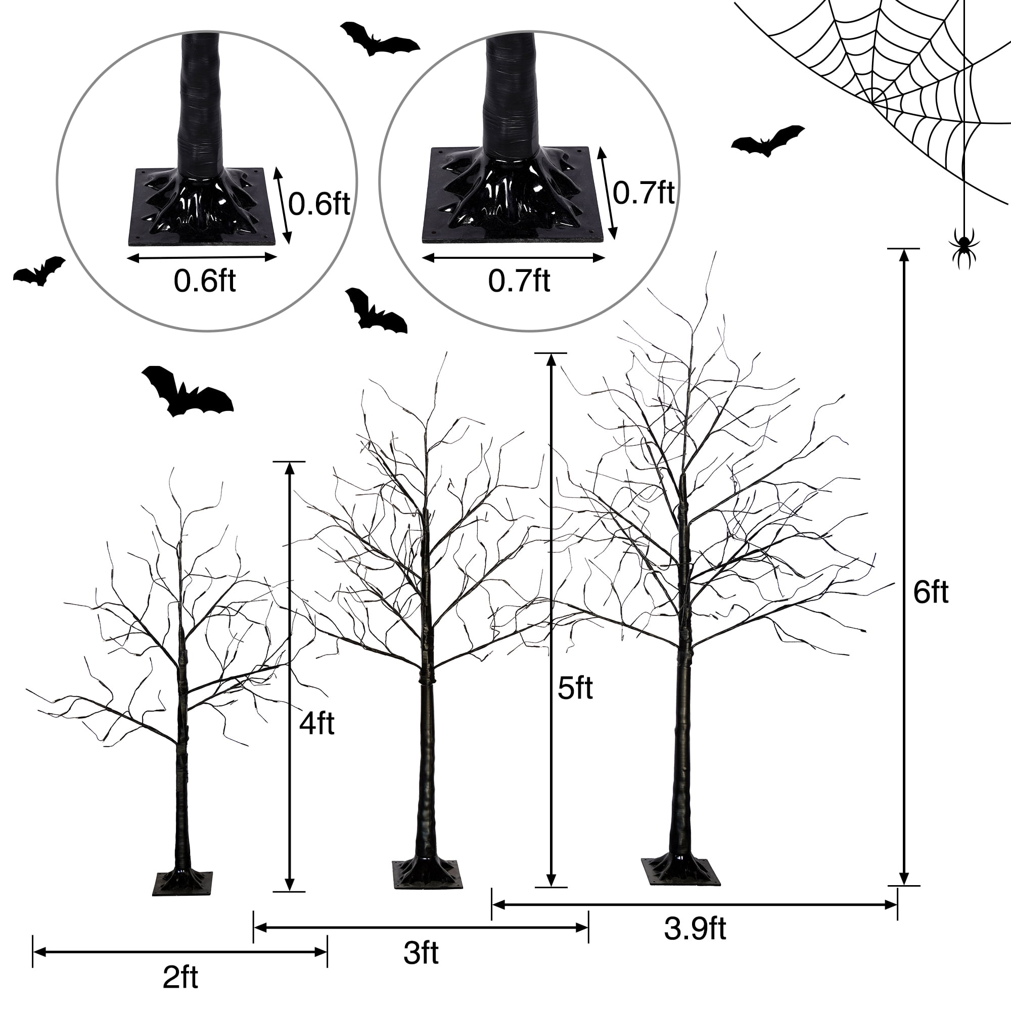 Euroco 3 Pac Halloween Spooky Tree with Purple Lights, 4FT 5FT and 6FT, Lighted Black Tree for Halloween Decoration