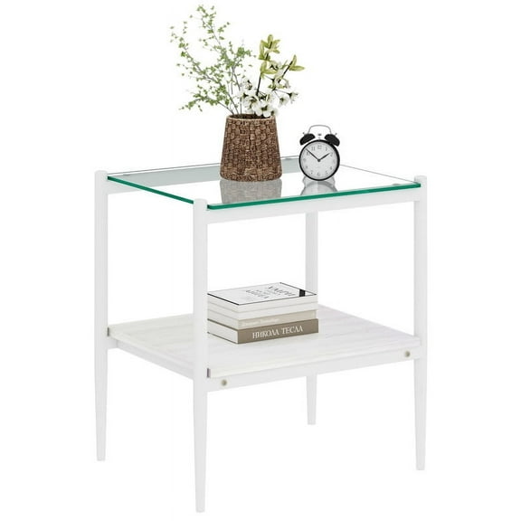 Set of 2 Rectangle End Table, Tempered Glass Tabletop with MDF layer, Modern Table for Living Room , Transparent Glass