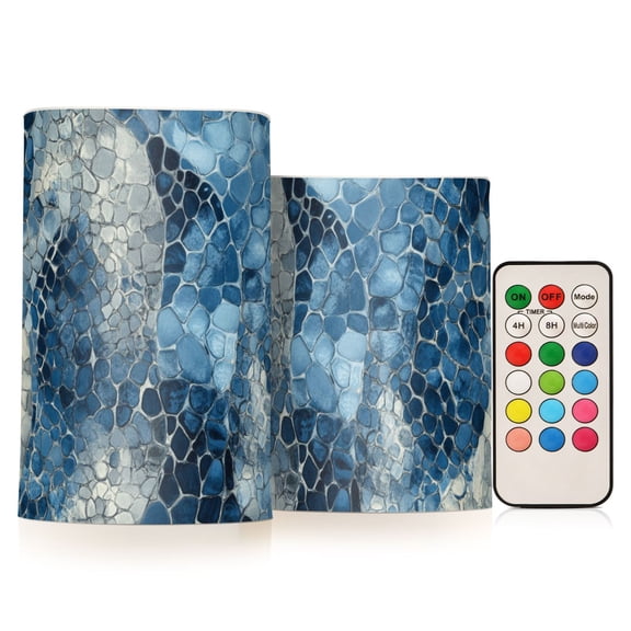 Blue Snake Skin Vintage Flickering Flameless Candles LED Tealight Battery Operated with Remote Set of 2 Holiday Decor Ornaments
