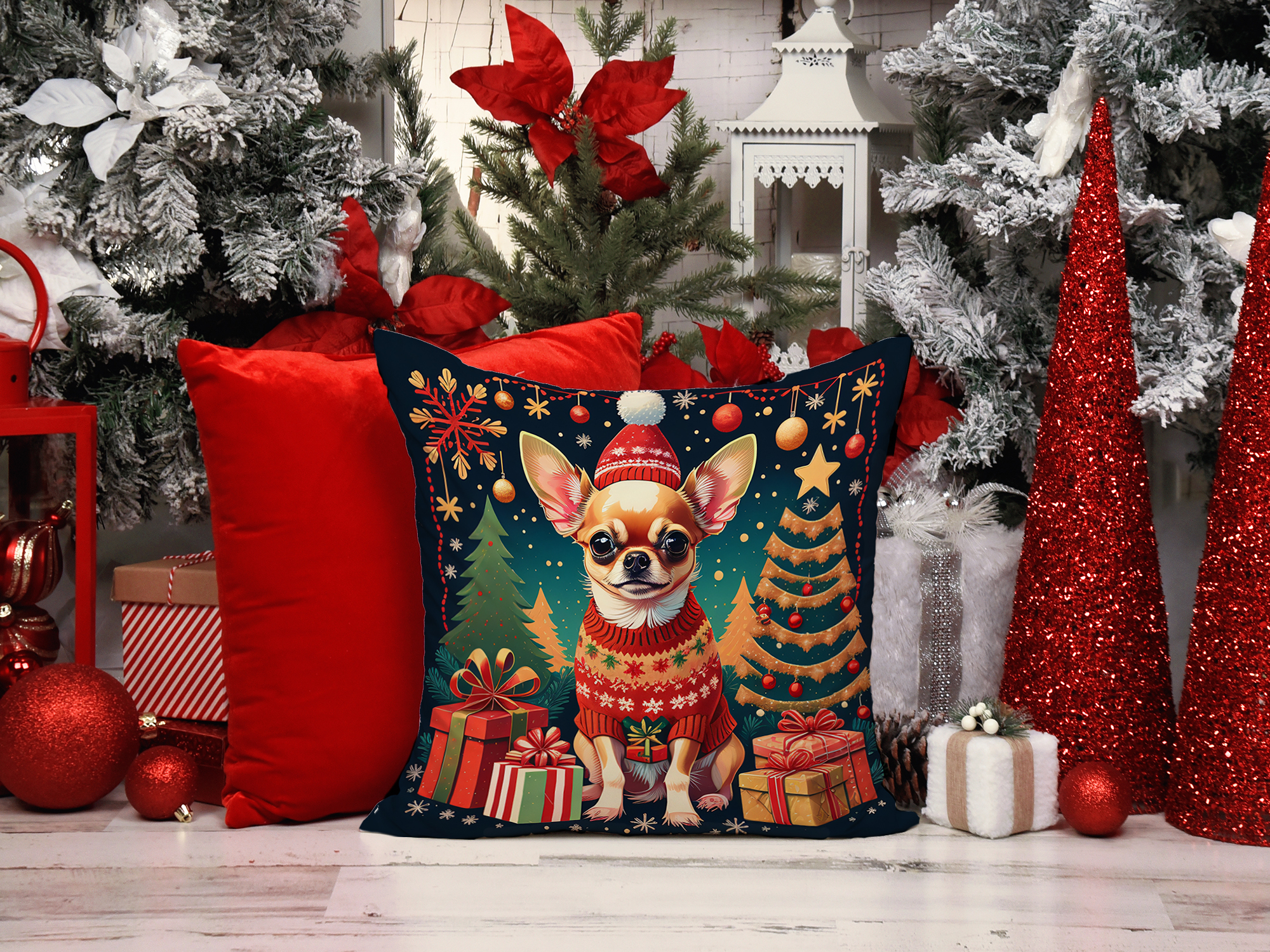 Chihuahua Christmas Fabric Decorative Pillow 18 in x 18 in