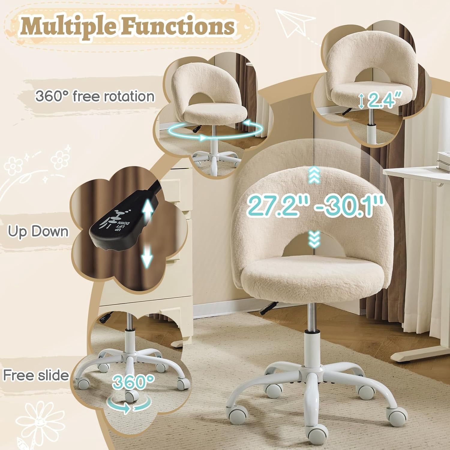 VINGLI Small Vanity Chair with Wheels for Girls.Cute Modern Adjustable Height Armless Office Desk Chair.360°Swivel Comfy Rolling Chair for Study, Make up Room,Small Space,Linen White