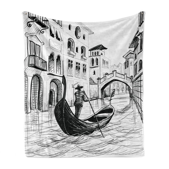 Sketchy Soft Flannel Fleece Throw Blanket, Gondola in Venice European Famous Canal History Mediterranean Holiday Image, Cozy Plush for Indoor and Outdoor Use, 50" x 70", Black and White, by Ambesonne
