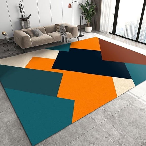 Abstract Orange Black Geometric Area Rug, Boho Color Block Art Soft Washable Carpet, Upholstery Rug With Non-Slip Backing For Bedroom Living Room Dining Room 4x5ft