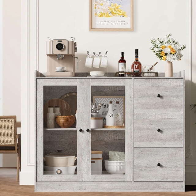 Buffet Cabinet with Storage, 43" Modern Sideboard Kitchen Cabinet with Guardrail Design & Adjustable Shelves & 3 Drawers, Wood Buffet Table for Kitchen, Dining Room, Grey