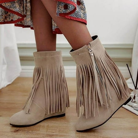 

VKEKIEO Ankle Boots For Women Flat Toe Flat Heel Booties Tassel Slip-On Khaki Fall Boots
