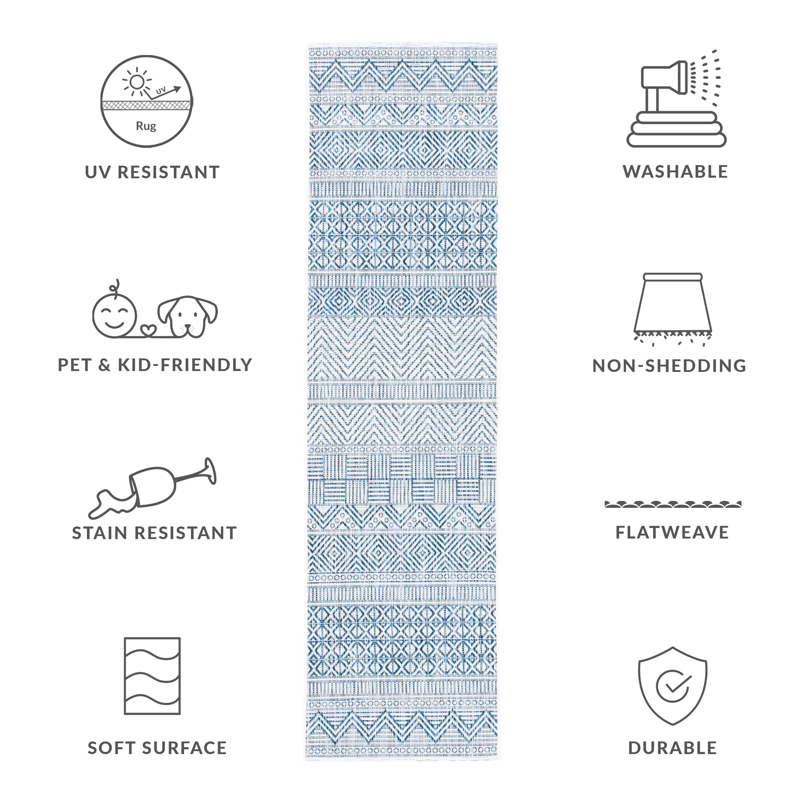 SAFAVIEH Courtyard Altan Geometric Indoor/Outdoor Runner Rug, Ivory/Navy, 2'3" x 14'