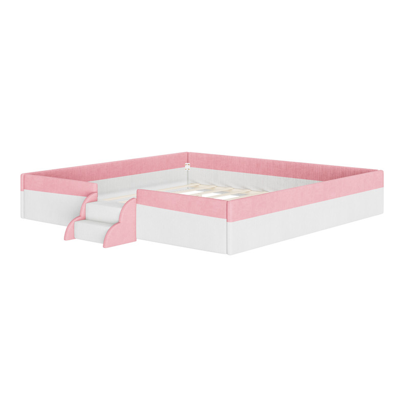 King Size Corduroy Upholstered Floor Bed Frame with Fence, Kids Low-Profile Platform Bed with 2-Tier Steps & Smart LED Lights