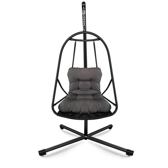 JESE Black Swing Egg Chair with Stand, Foldable Hanging Chair, Detachable Cup Holder & Waterproof Cushion, for Patio, Balcony, Garden, Indoor Outdoor, 300lb Capacity