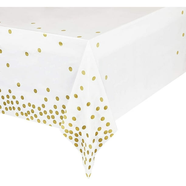 3 Pack White Plastic Tablecloths with Gold Polka Dot Confetti, 54" x