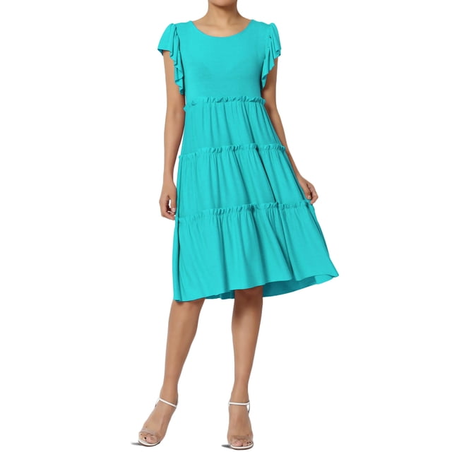 TheMoogan Women's Flutter Ruffle Cap Sleeve Tiered Jersey Babydoll A-Line Midi Day Dress
