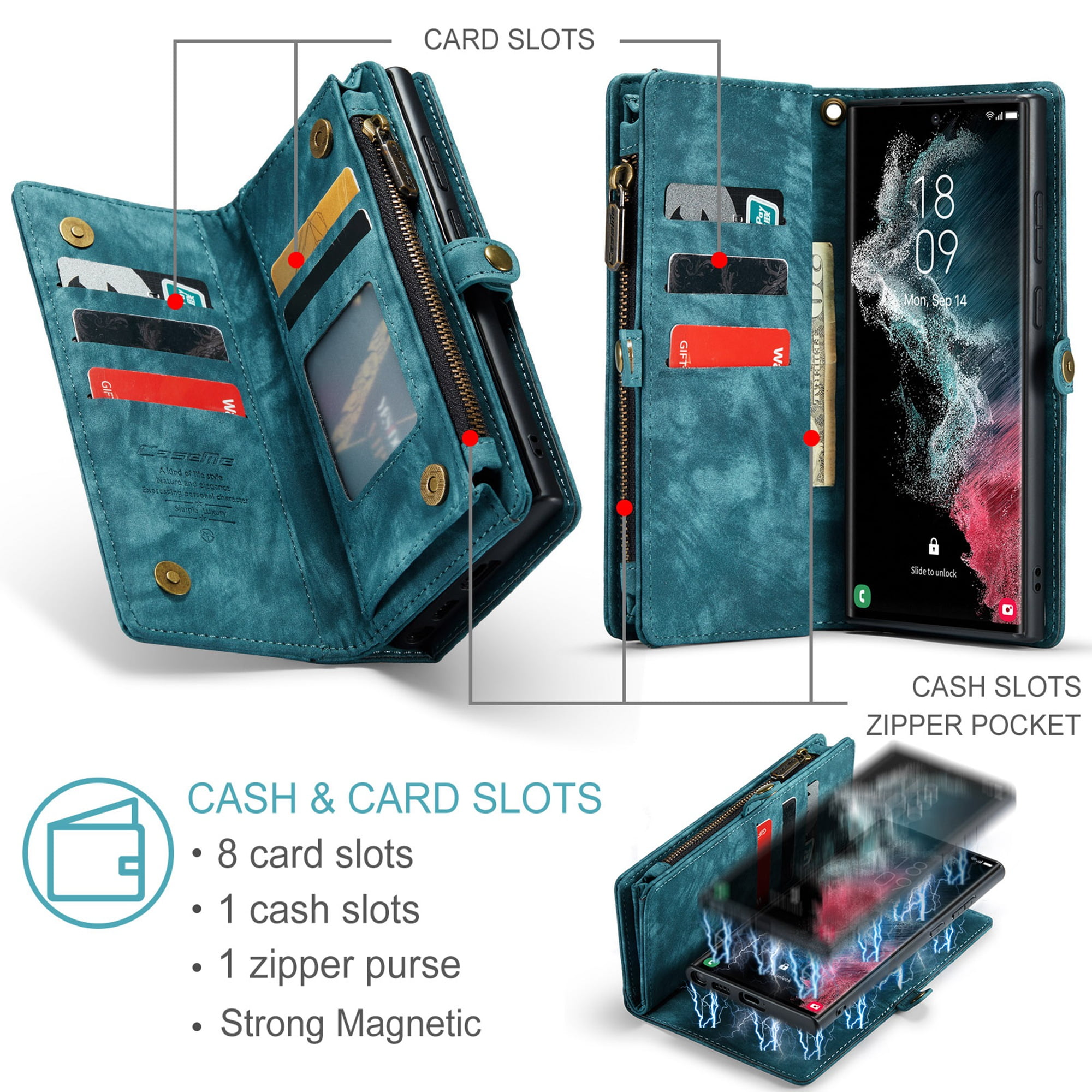 iPhone 8 Plus Wallet Case, iPhone 7 Plus Case, Dteck Multi-function 2 in 1 PU Leather Zipper 11 Card Slots Card Slots Money Pocket Clutch Wallet Case Detachable Magnetic Cover, Green