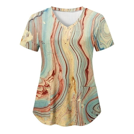 

Wiueurtly Comfortable Blouse For Women Printed Short Sleeve V Neck Holiday Fun Patterned Working Tshirts Blouse Tops With Pockets Long Sleeve under Scrub Tops Women