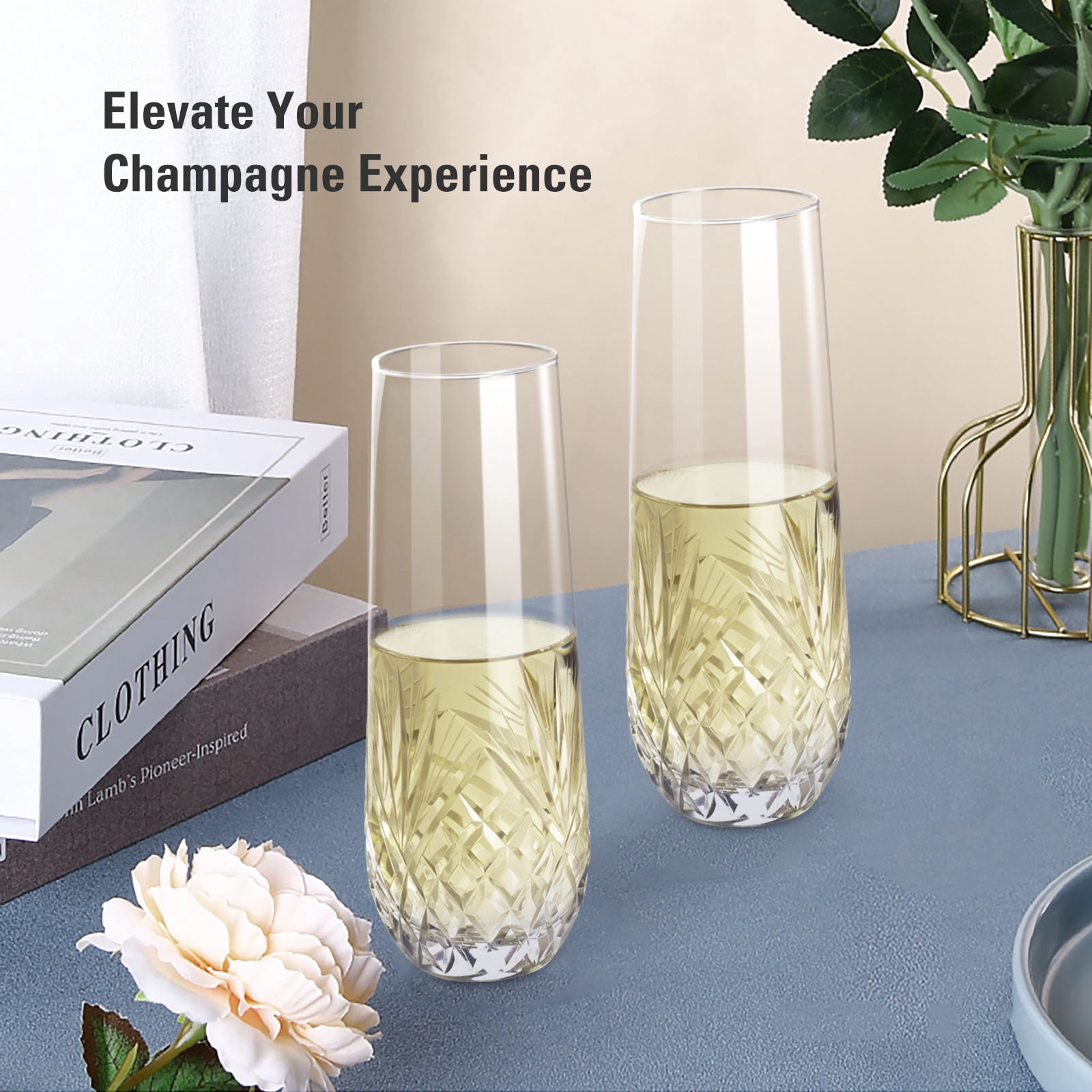 Stemless Champagne Flutes, Hand Made, Set of 4, Toasting champagne glasses, Wedding Party Cocktail Cups, Wine Flute, Mimosa Glasses Set, Water Glasses, Highball Glass, 9.5oz