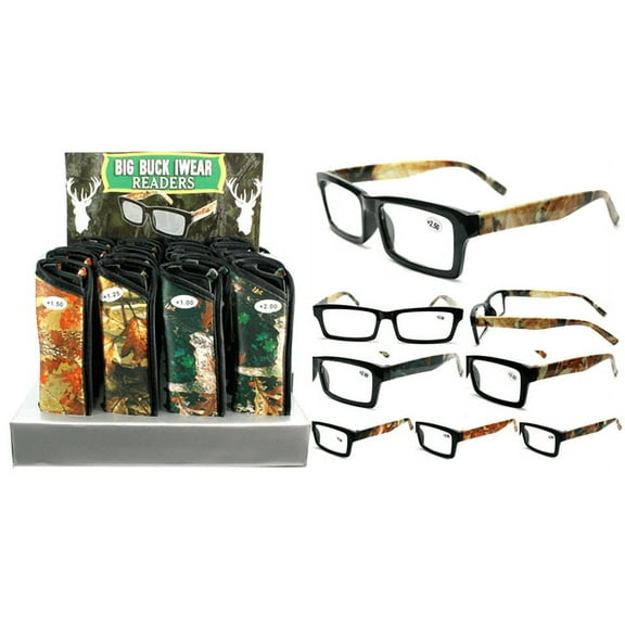 ToolUSA 24 Pair Woodland Camouflage Reading Glasses | Matching Protective Cases | Variety of Strengths & Designs | Fashionable & Functional