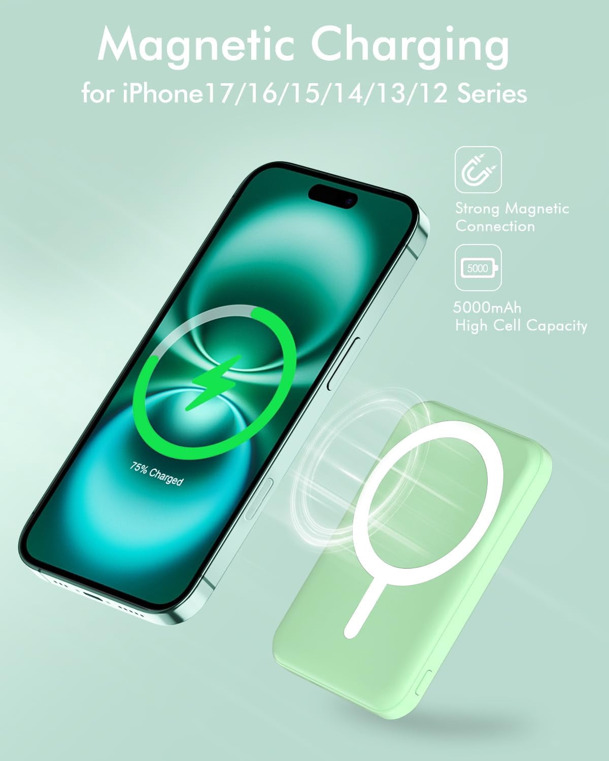 General for Magsafe Battery Pack, 5000mAh Magnetic Power Bank with Type-C Cable 20W PD Fast Charging Lighting Input Wireless Portable Charger for iPhone 17/16/15/14/13/12/ All Series-Green