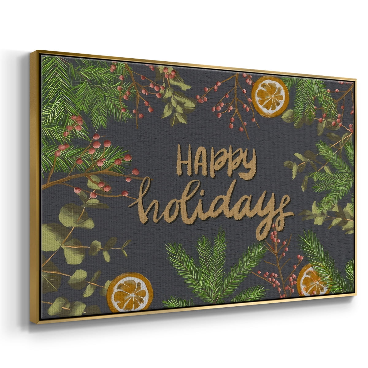 Holiday Sentiment II - Framed Gallery Wrapped Holiday Canvas - 17 x 25 - Gold Frame