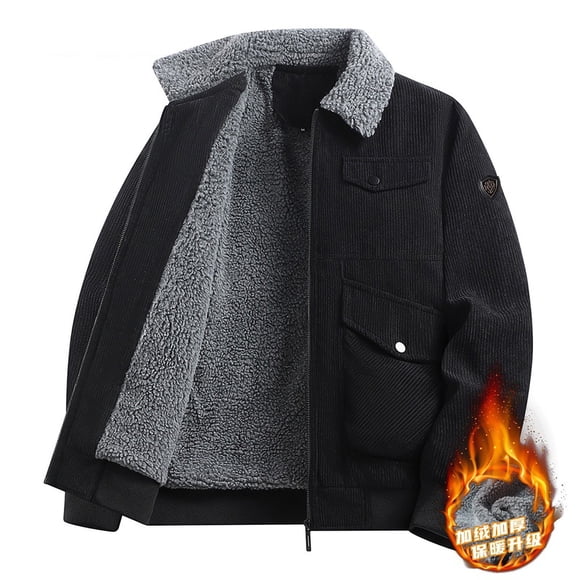 Men's Corduroy Jacket - Lambskin Lined Hooded Workwear Style Coat, Multiple Pockets Casual Warm Coat For Outdoor Daily Wear