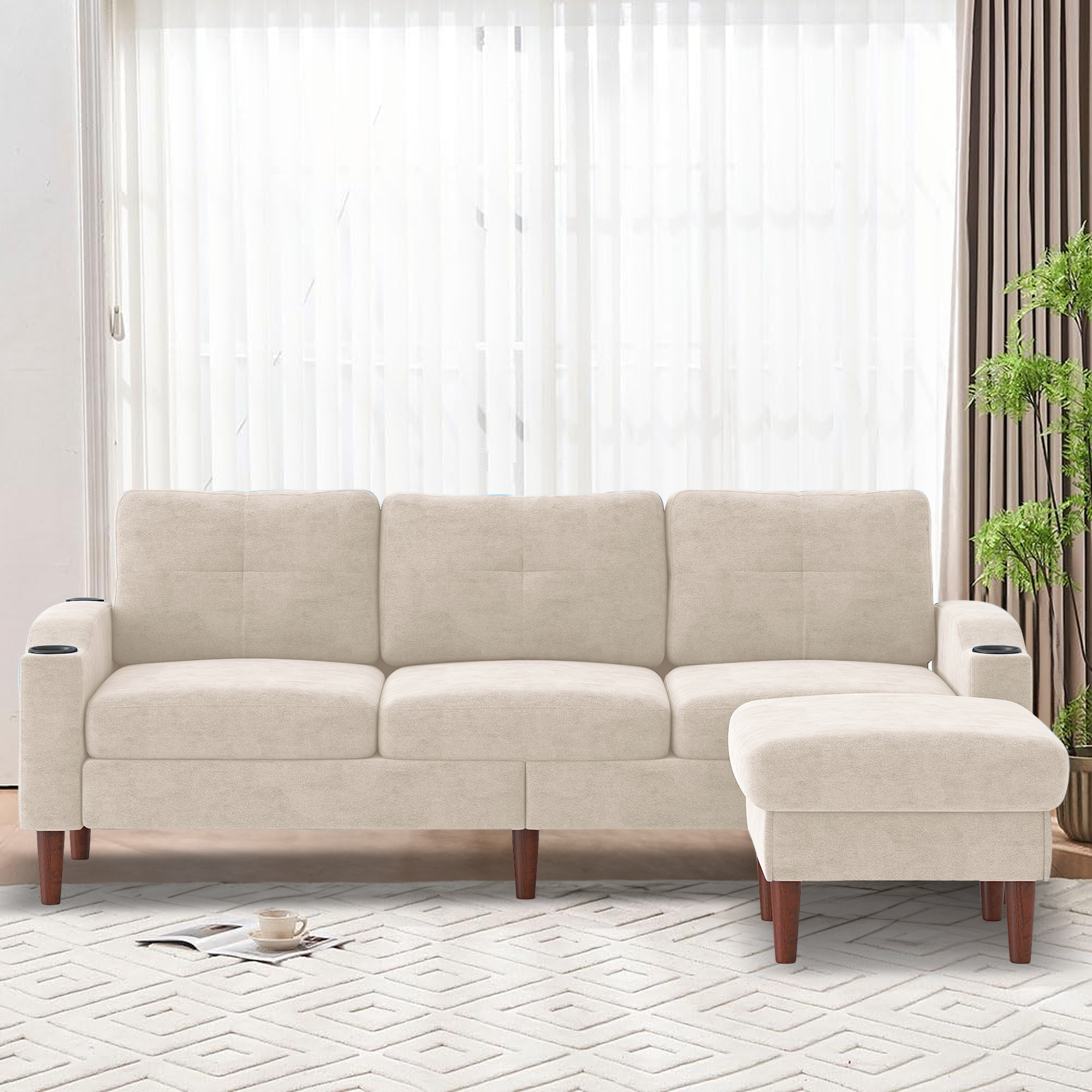 Aukfa L Shaped Sectional Sofa with USB Ports and Cup Holders, 78" 3 Seater Couch with Storage Ottoman, Beige
