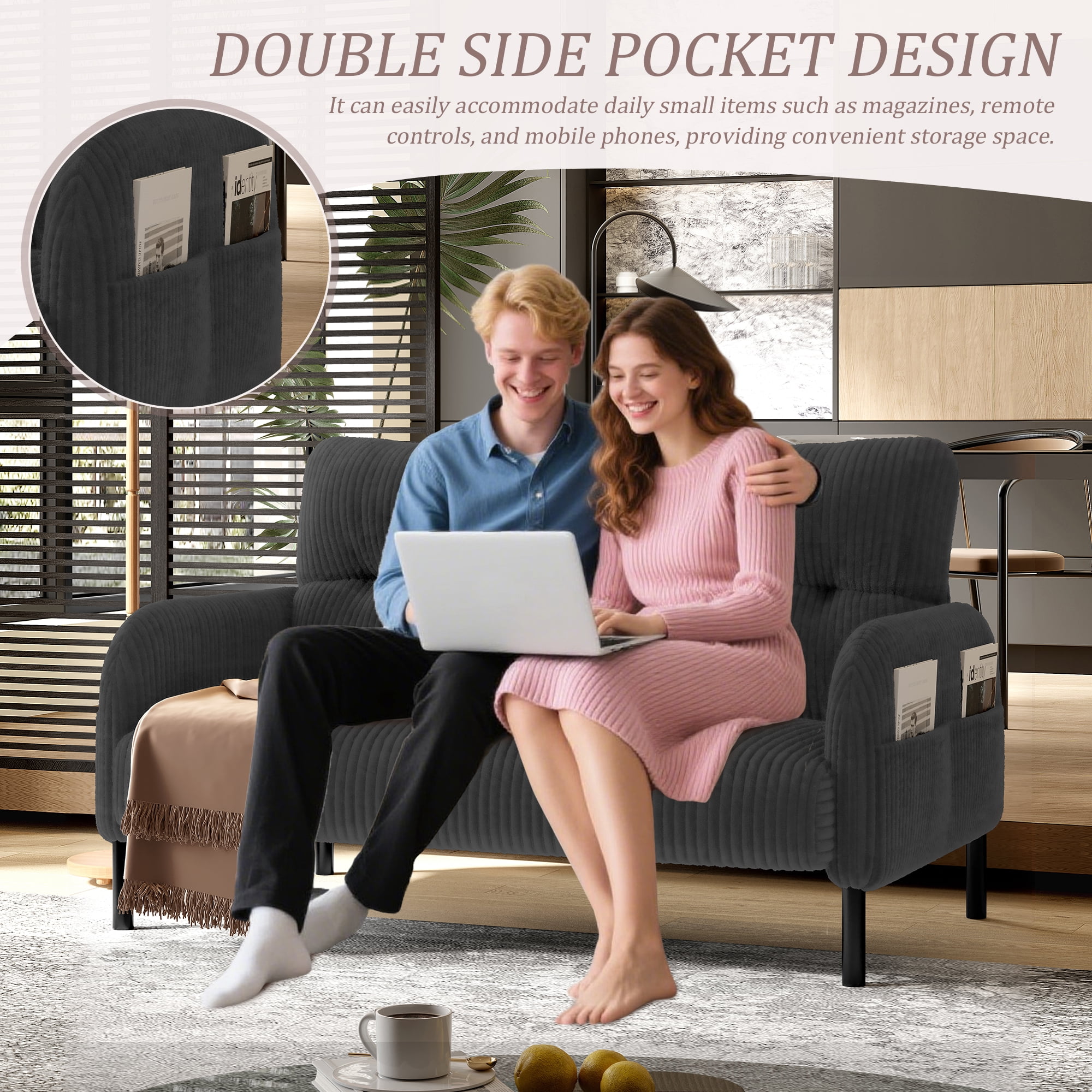MOONMISS Corduroy Upholstered Tufted Comfortable Wood Frame Loveseats Sofa with Double Side Pocket-Gray
