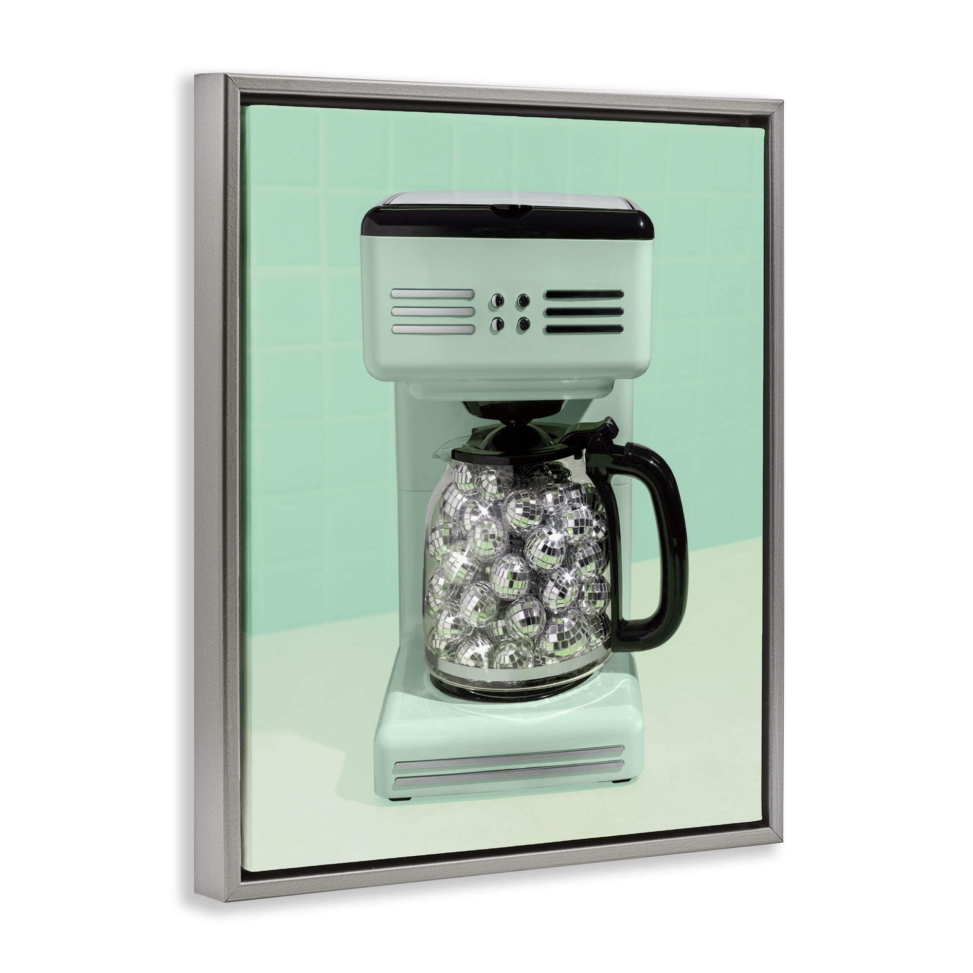 Stupell Industries Disco Coffee Maker over Green Gray Framed Floater Canvas Wall Art, design by LISH Creative
