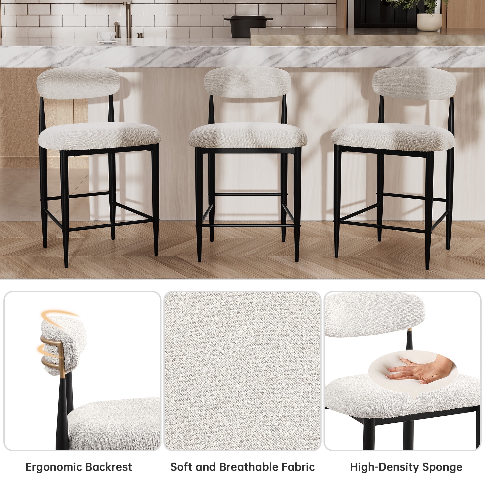 Morden Fort Counter Height Bar Stools Set of 2, 26" Boucle Barstools with Backrest and Metal Legs, Island Chairs for Kitchen Island, Dining Room