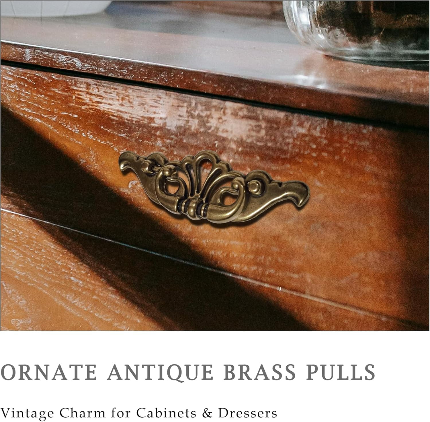 ABCISI 4-Pack Antique Brass Bail Drawer Pulls, 3-3/8" Hole Centers, Decorative Pulls with Mounting Screws, Vintage Cabinet Handles for Dresser, Cupboard, Wardrobe