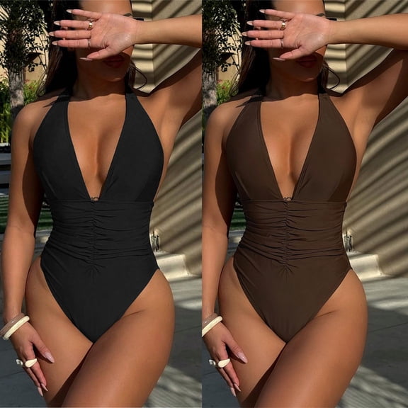 Vetsdori One Piece Bath Suits for Women Bikini Tummy Control Swimwear Cutouts,Trajes De Bano Mujer Solid Color Casual Ladies Swim Suits Halter