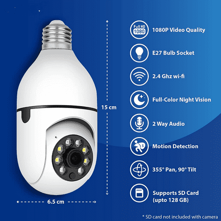 

Smart Home Wireless Security 360° 1080P IP E27 Light Bulb Camera Wi-Fi IR Night.