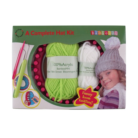 BambooMN Kit de Tricotage JubileeYarn pour Débutants - Ensemble de Chapeaux d'Hiver pour Enfants - Chapeau d'Hiver Vert & Pompon Blanc