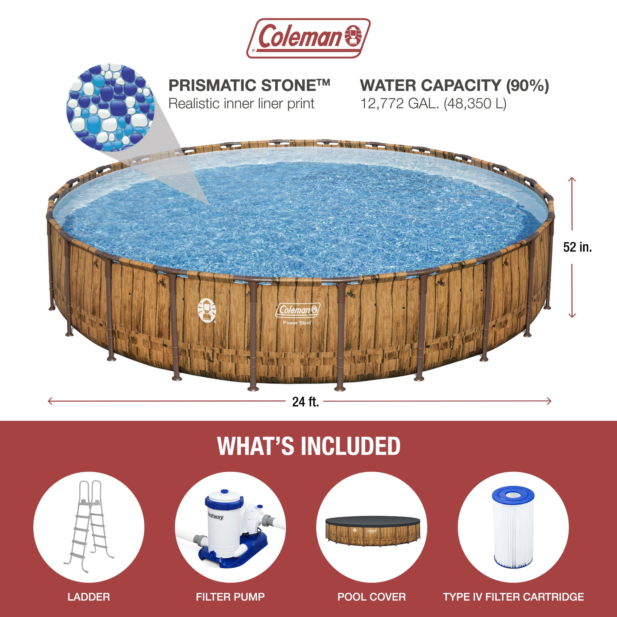 Coleman Power Steel 24' x 52” Metal Frame Above Ground Pool w/ Pump, Ladder, & Cover, Wood