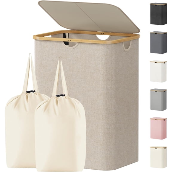 Large Capacity Folding Laundry Hamper with Lid, Bamboo Handles and Removable Bag, Beige