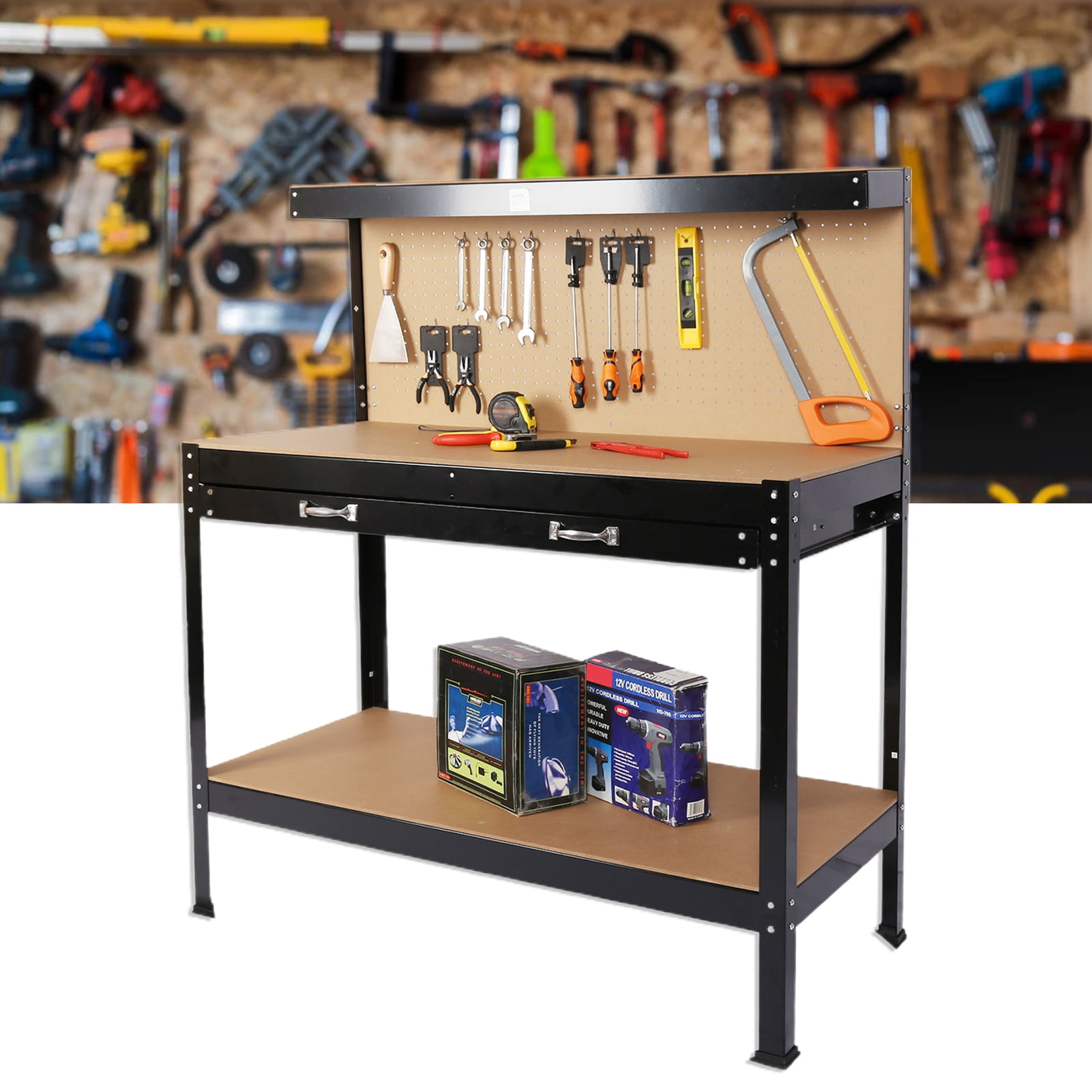 Heavy‑Duty Steel Workbench with Drawer & Pegboard - 300 lbs Capacity Multi‑Purpose Workshop Table for Garage Shed DIY Projects