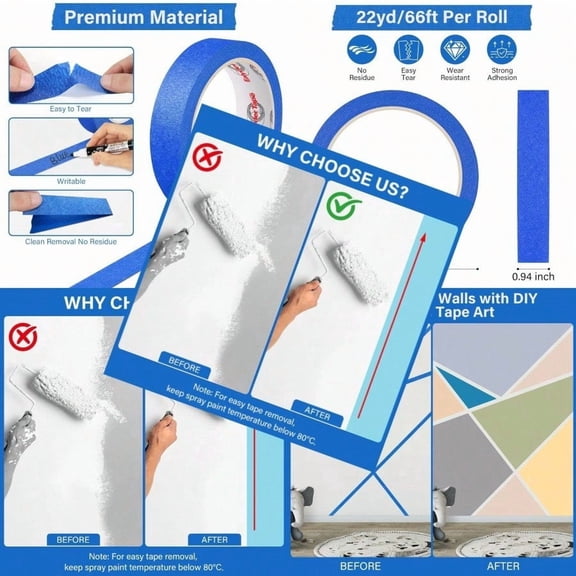 4 Rolls Blue Painters Tape Premium Masking Tape Paint Tape for Multi-Purpose Painting DIY Crafts 0.94-Inch x 22-Yard Protects Surfaces Easy Removal Total 88 Yds