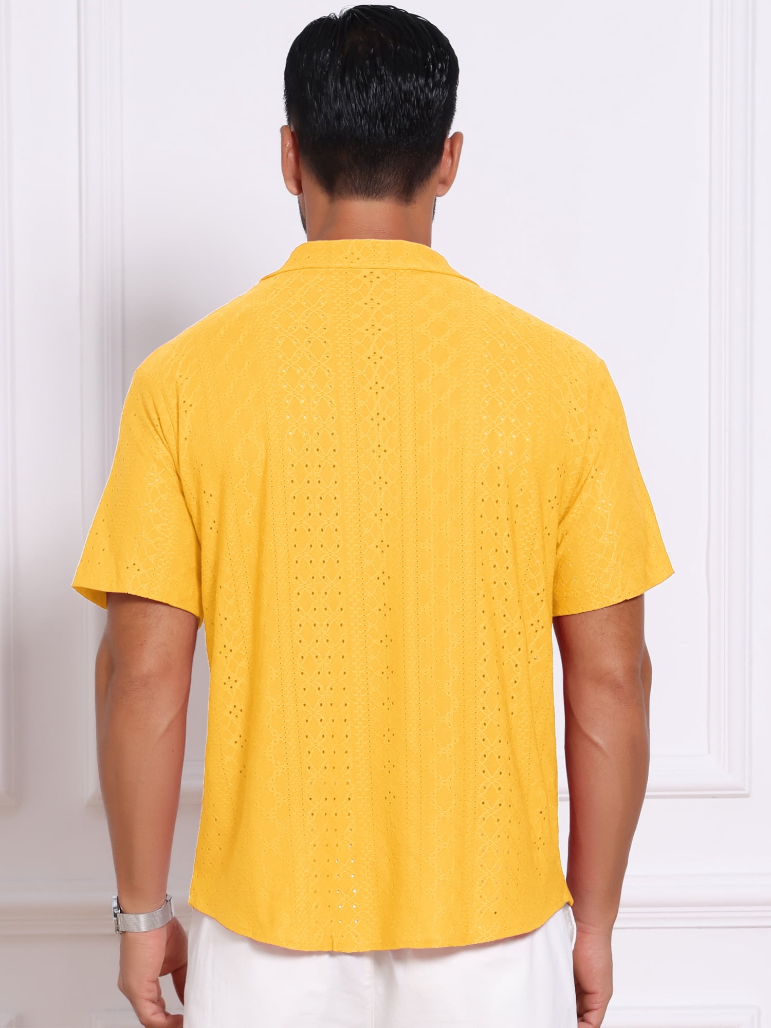 DARING DIVA Men's Hollow Texture Knit Short Sleeve Camp Collar Shirt 2XL Yellow