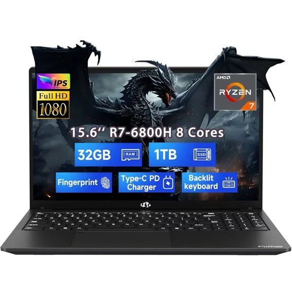 15.6" IPS FHD 2025 Gaming Laptop Computer 8 Cores AMD Ryzen 7 6800H (Up to 4.7GHz) 32GB DDR5 RAM 1TB SSD AMD Radeon 680M GPU-Computer 100W Type-C Backlit Keyboard Fingerprint