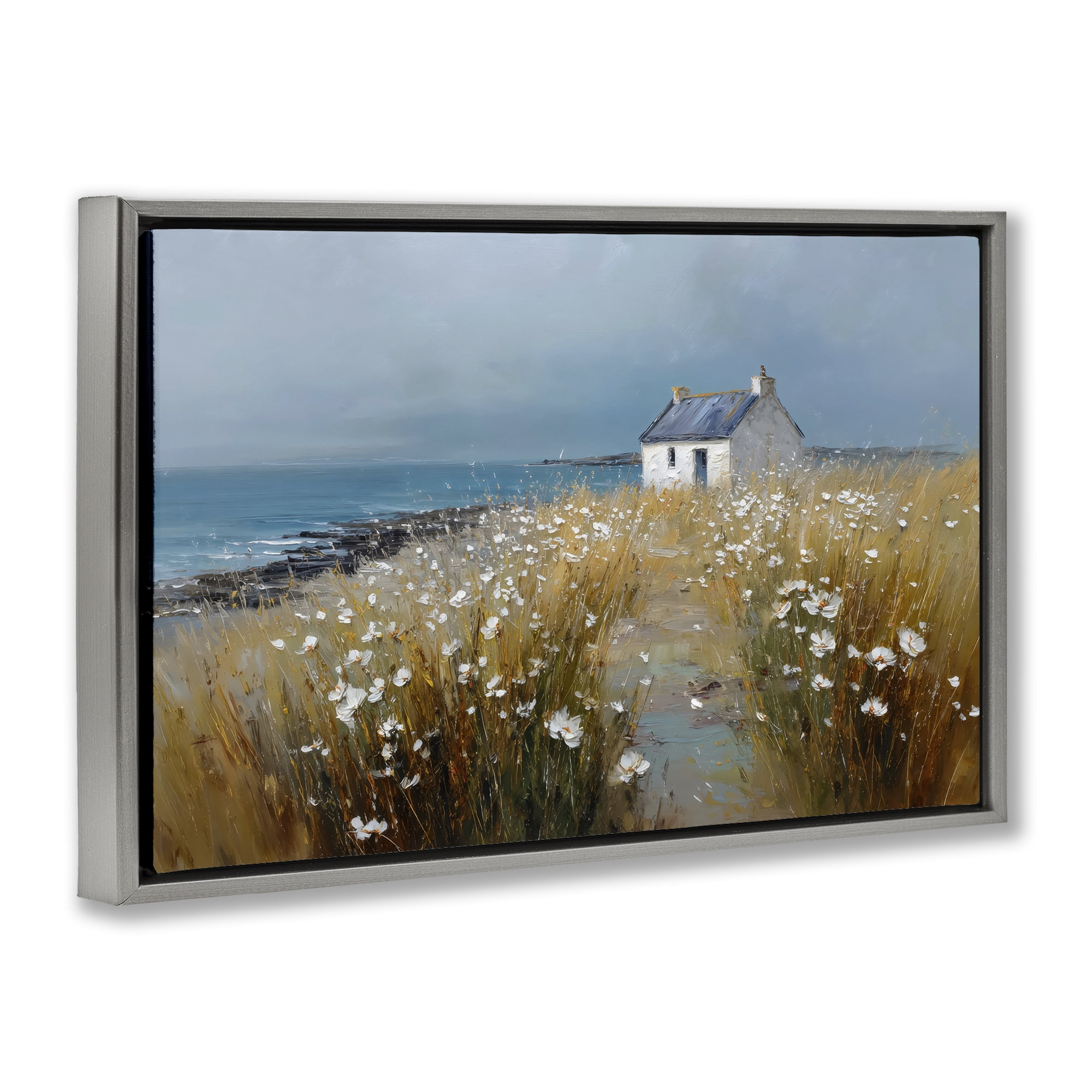 Stupell Industries Oceanfront Cottage Wildflowers Gray Framed Floater Canvas Wall Art, design by Petal Prints Design