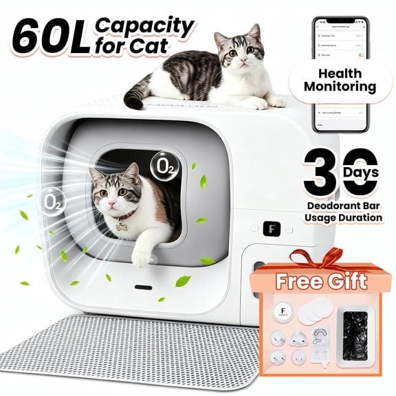 Self Cleaning Cat Litter Box With Mat,60L Detachable Litter Box With Odor Removal,7 Lifeguard System, Auto Packing, Seal Litter Box With APP Control